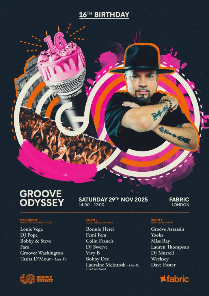 On Sat November 29th, London's premier house night, Groove Odyssey, will be celebrating its 16th anniversary with an epic daytime party at Fabric.