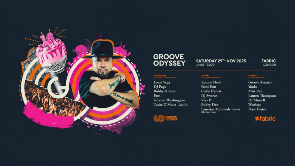 On Sat November 29th, London's premier house night, Groove Odyssey, will be celebrating its 16th anniversary with an epic daytime party at Fabric.