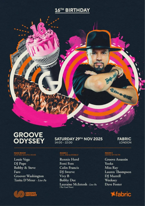 On Sat November 29th, London's premier house night, Groove Odyssey, will be celebrating its 16th anniversary with an epic daytime party at Fabric.