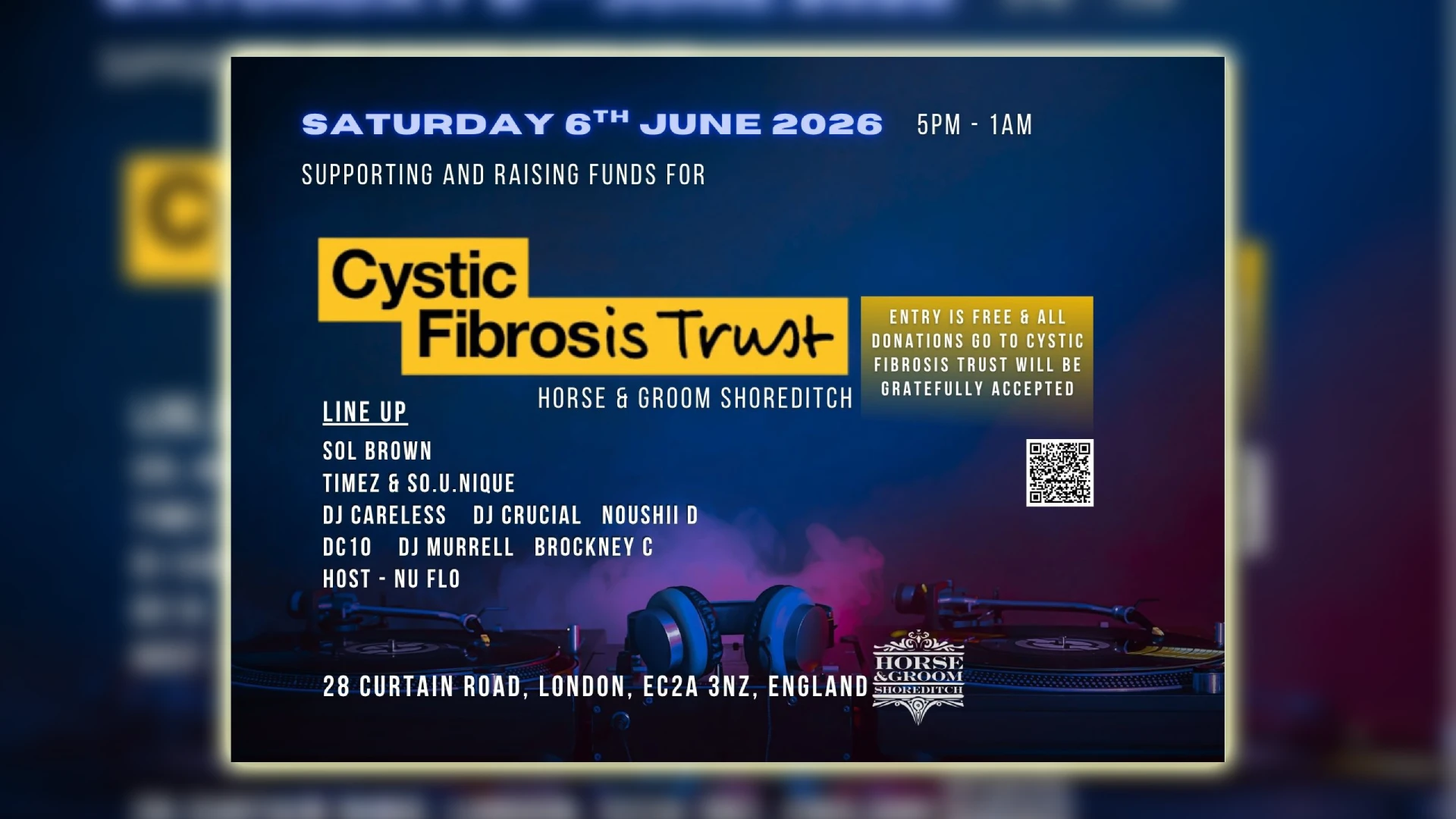 A fundraising party for the Cystic Fibrosis Trust taking place at The Horse & Groom in Shoreditch, London on June 6th 2026