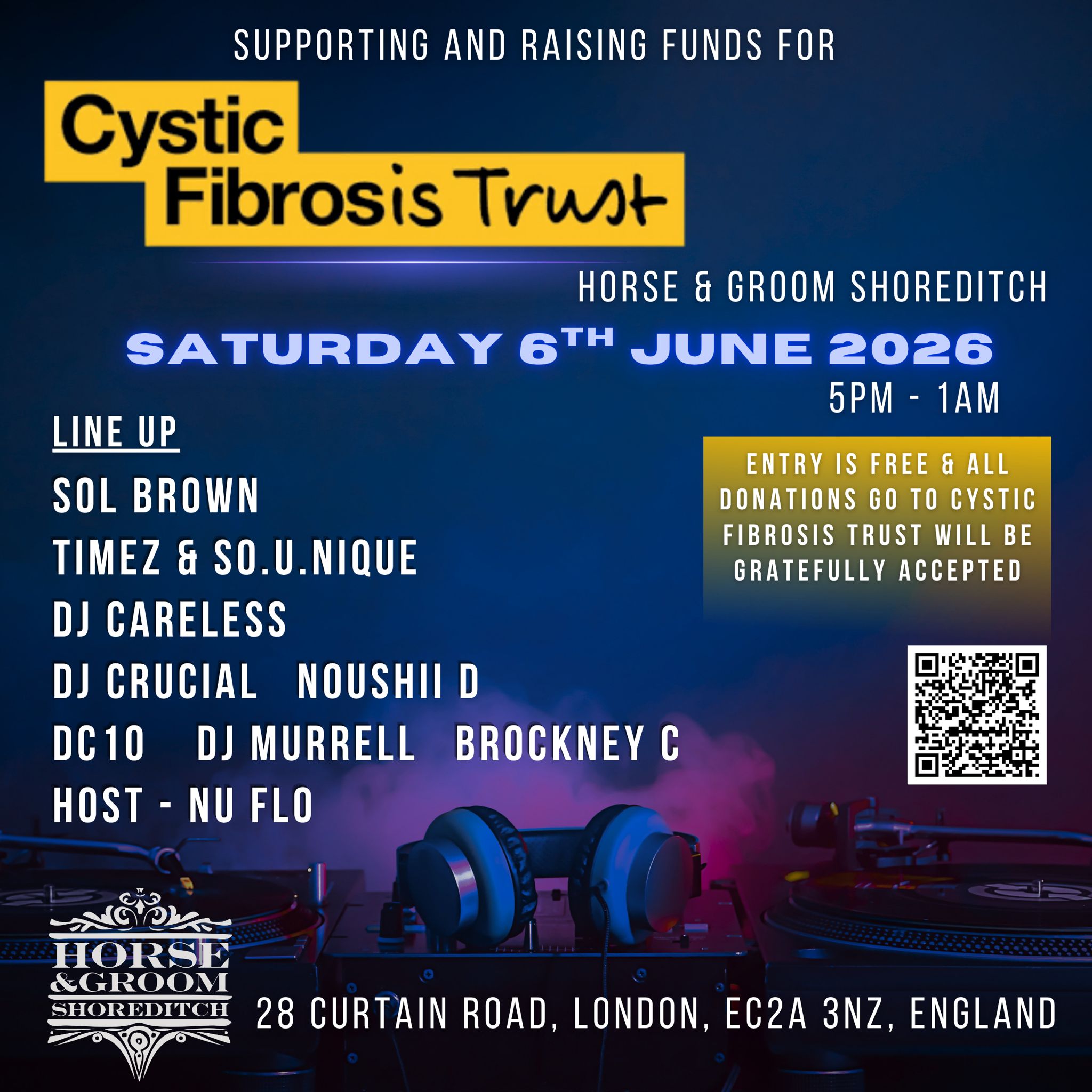 A fundraising party for the Cystic Fibrosis Trust taking place at The Horse & Groom in Shoreditch, London on June 6th 2026